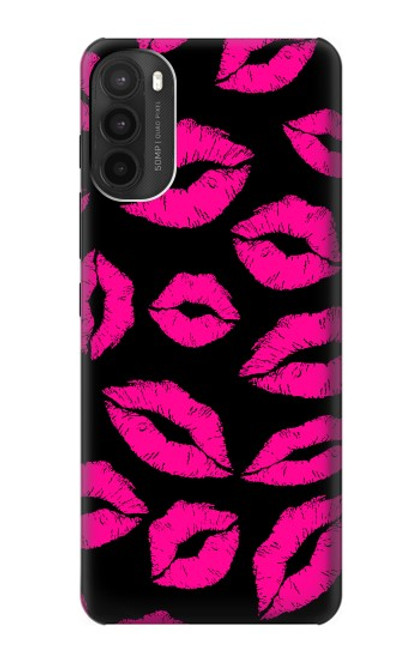 W2933 Pink Lips Kisses on Black Hard Case and Leather Flip Case For Motorola Moto G71 5G