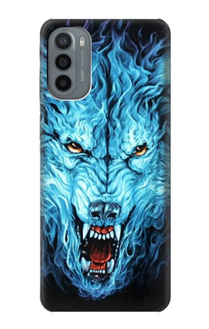 W0752 Blue Fire Grim Wolf Hard Case and Leather Flip Case For Motorola Moto G31