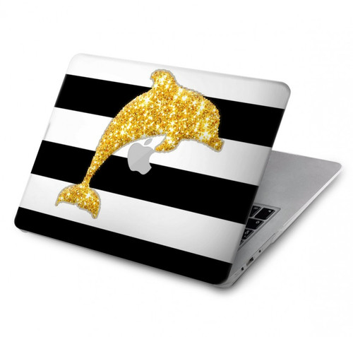 W2882 Black and White Striped Gold Dolphin Hard Case Cover For MacBook Pro 16 M1,M2 (2021,2023) - A2485, A2780