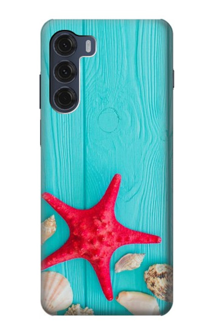 W3428 Aqua Wood Starfish Shell Hard Case and Leather Flip Case For Motorola Moto G200 5G