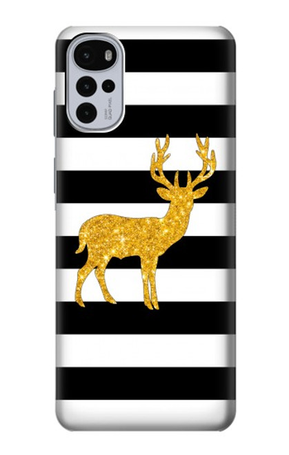 W2794 Black and White Striped Deer Gold Sparkles Hard Case and Leather Flip Case For Motorola Moto G22