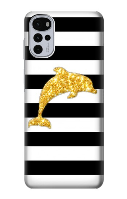 W2882 Black and White Striped Gold Dolphin Hard Case and Leather Flip Case For Motorola Moto G22