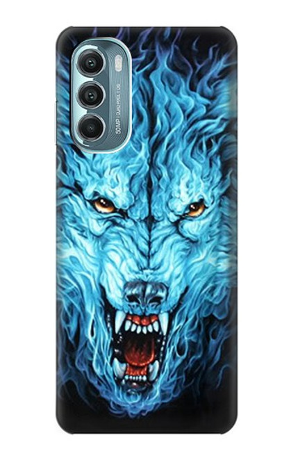 W0752 Blue Fire Grim Wolf Hard Case and Leather Flip Case For Motorola Moto G Stylus 5G (2022)