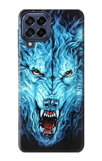 W0752 Blue Fire Grim Wolf Hard Case and Leather Flip Case For Samsung Galaxy M53