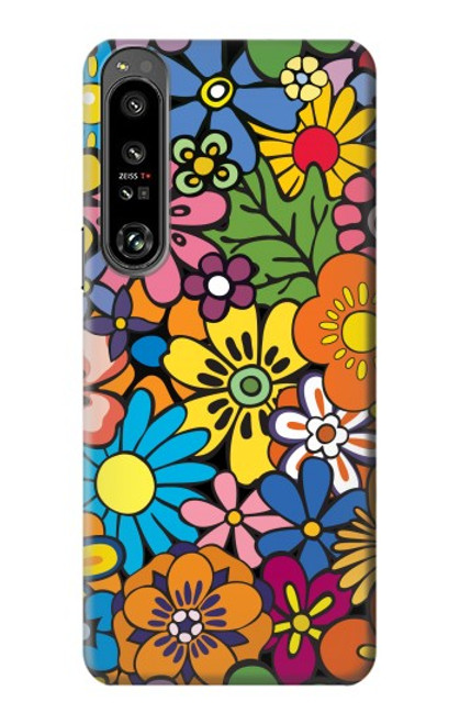 W3281 Colorful Hippie Flowers Pattern Hard Case and Leather Flip Case For Sony Xperia 1 IV