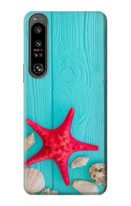 W3428 Aqua Wood Starfish Shell Hard Case and Leather Flip Case For Sony Xperia 1 IV