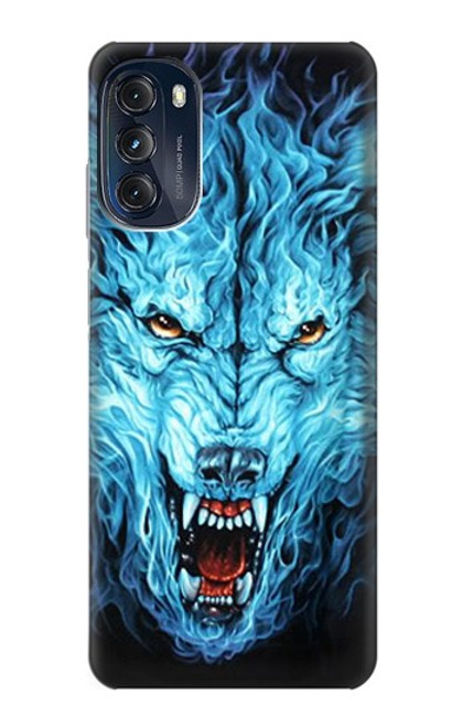 W0752 Blue Fire Grim Wolf Hard Case and Leather Flip Case For Motorola Moto G (2022)