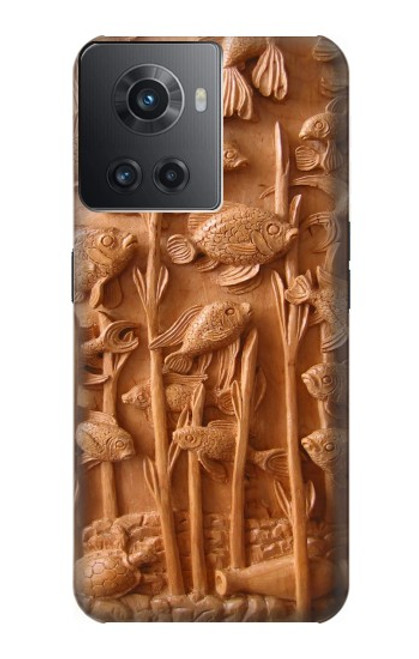 W1307 Fish Wood Carving Graphic Printed Hard Case and Leather Flip Case For OnePlus Ace