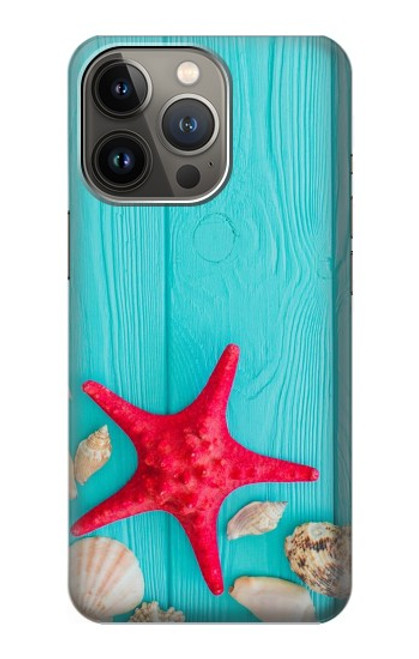 W3428 Aqua Wood Starfish Shell Hard Case and Leather Flip Case For iPhone 14 Pro