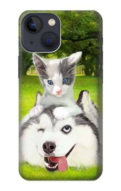 W3795 Kitten Cat Playful Siberian Husky Dog Paint Hard Case and Leather Flip Case For iPhone 14 Plus