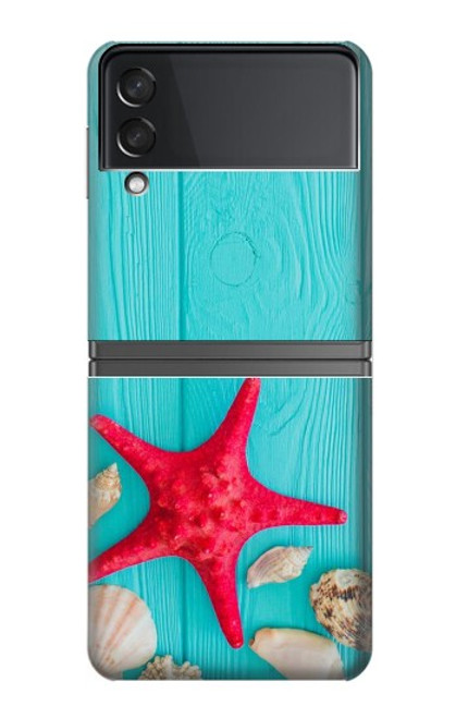 W3428 Aqua Wood Starfish Shell Hard Case For Samsung Galaxy Z Flip 4