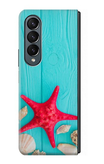 W3428 Aqua Wood Starfish Shell Hard Case For Samsung Galaxy Z Fold 4