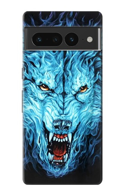 W0752 Blue Fire Grim Wolf Hard Case and Leather Flip Case For Google Pixel 7 Pro