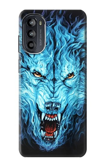 W0752 Blue Fire Grim Wolf Hard Case and Leather Flip Case For Motorola Moto G52, G82 5G