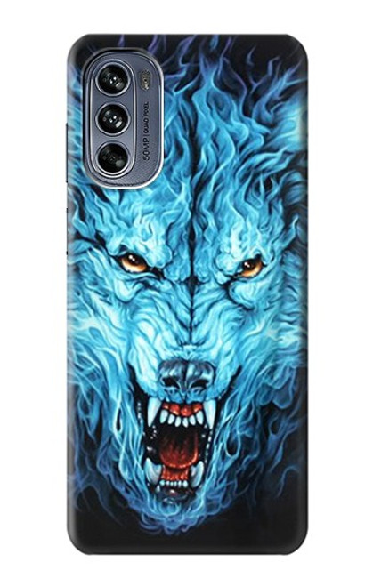 W0752 Blue Fire Grim Wolf Hard Case and Leather Flip Case For Motorola Moto G62 5G