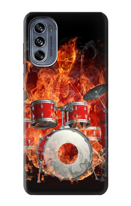 W1431 Skull Drum Fire Rock Hard Case and Leather Flip Case For Motorola Moto G62 5G