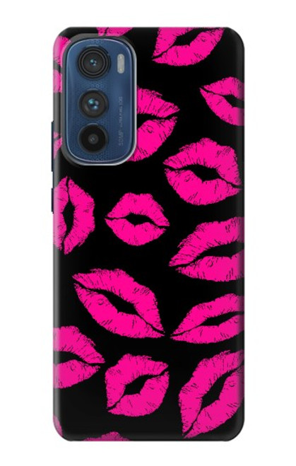 W2933 Pink Lips Kisses on Black Hard Case and Leather Flip Case For Motorola Edge 30