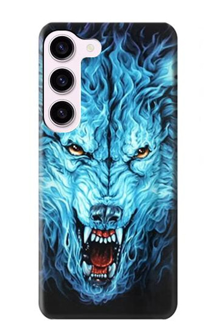 W0752 Blue Fire Grim Wolf Hard Case and Leather Flip Case For Samsung Galaxy S23