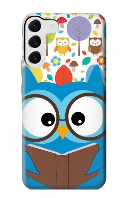 W2521 Cute Nerd Owl Cartoon Hard Case and Leather Flip Case For Samsung Galaxy S23 Plus