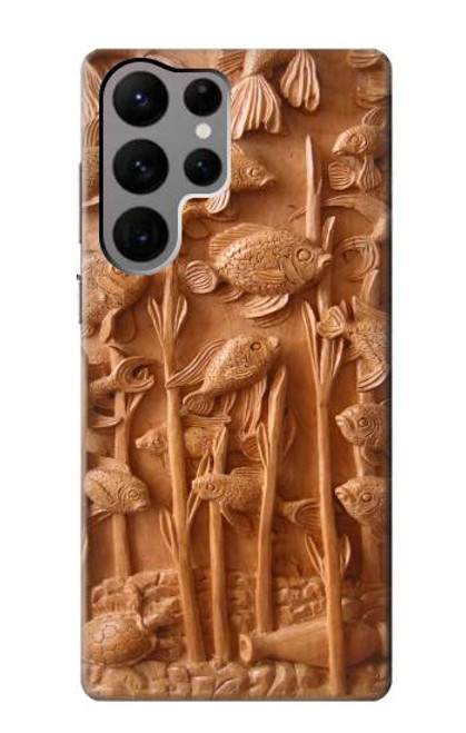 W1307 Fish Wood Carving Graphic Printed Hard Case and Leather Flip Case For Samsung Galaxy S23 Ultra