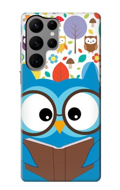 W2521 Cute Nerd Owl Cartoon Hard Case and Leather Flip Case For Samsung Galaxy S23 Ultra