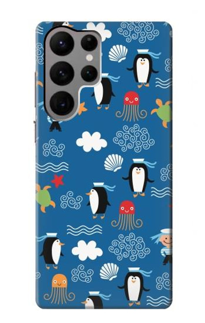 W2572 Marine Penguin Pattern Hard Case and Leather Flip Case For Samsung Galaxy S23 Ultra