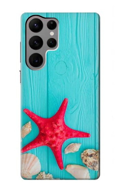 W3428 Aqua Wood Starfish Shell Hard Case and Leather Flip Case For Samsung Galaxy S23 Ultra