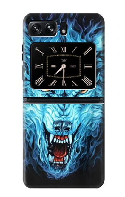 W0752 Blue Fire Grim Wolf Hard Case and Leather Flip Case For Motorola Moto Razr 2022