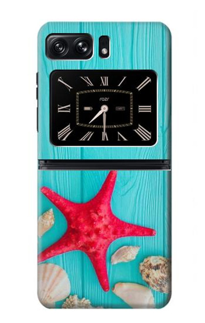 W3428 Aqua Wood Starfish Shell Hard Case and Leather Flip Case For Motorola Moto Razr 2022