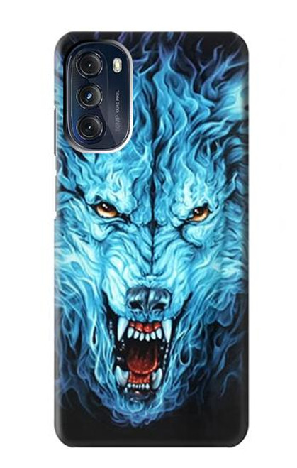 W0752 Blue Fire Grim Wolf Hard Case and Leather Flip Case For Motorola Moto G 5G (2023)