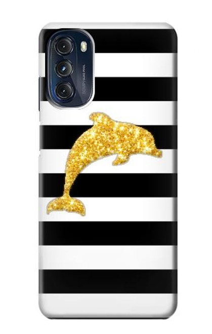 W2882 Black and White Striped Gold Dolphin Hard Case and Leather Flip Case For Motorola Moto G 5G (2023)