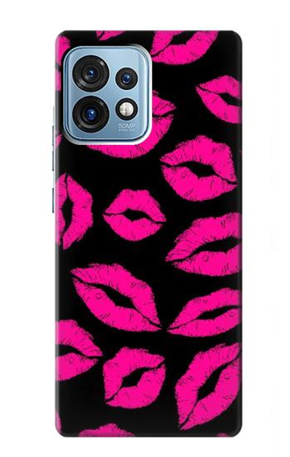 W2933 Pink Lips Kisses on Black Hard Case and Leather Flip Case For Motorola Edge+ (2023), X40, X40 Pro, Edge 40 Pro