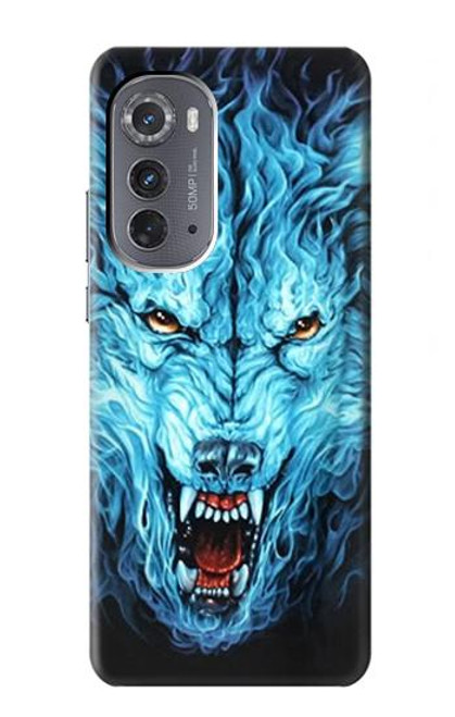 W0752 Blue Fire Grim Wolf Hard Case and Leather Flip Case For Motorola Edge (2022)