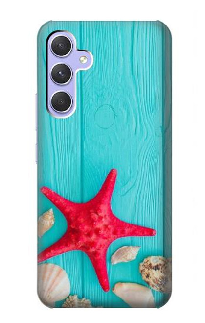 W3428 Aqua Wood Starfish Shell Hard Case and Leather Flip Case For Samsung Galaxy A54 5G