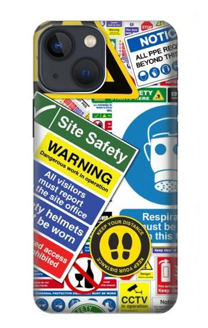 W3960 Safety Signs Sticker Collage Hard Case and Leather Flip Case For iPhone 14 Plus