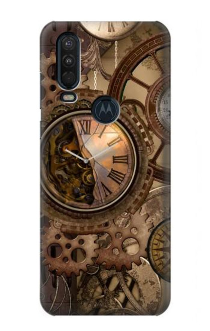 W3927 Compass Clock Gage Steampunk Hard Case and Leather Flip Case For Motorola One Action (Moto P40 Power)