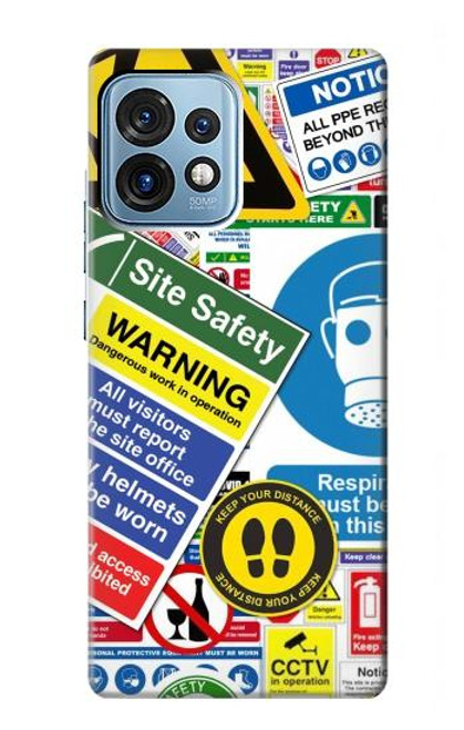 W3960 Safety Signs Sticker Collage Hard Case and Leather Flip Case For Motorola Edge+ (2023), X40, X40 Pro, Edge 40 Pro