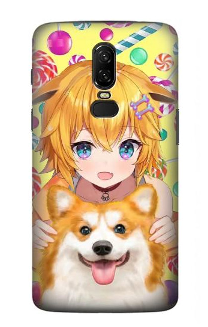 W3918 Baby Corgi Dog Corgi Girl Candy Hard Case and Leather Flip Case For OnePlus 6