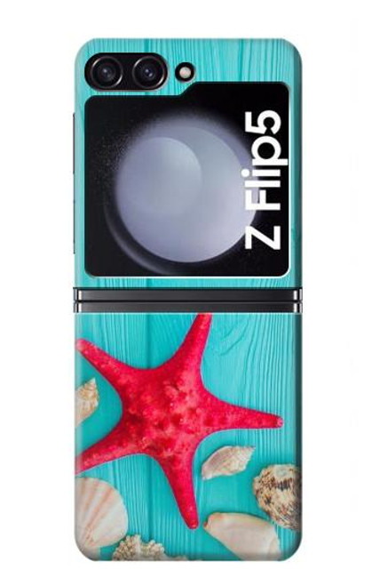 W3428 Aqua Wood Starfish Shell Hard Case For Samsung Galaxy Z Flip 5