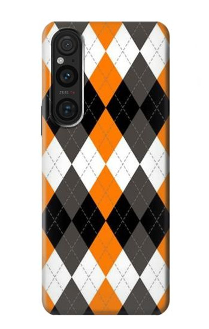 W3421 Black Orange White Argyle Plaid Hard Case and Leather Flip Case For Sony Xperia 1 V
