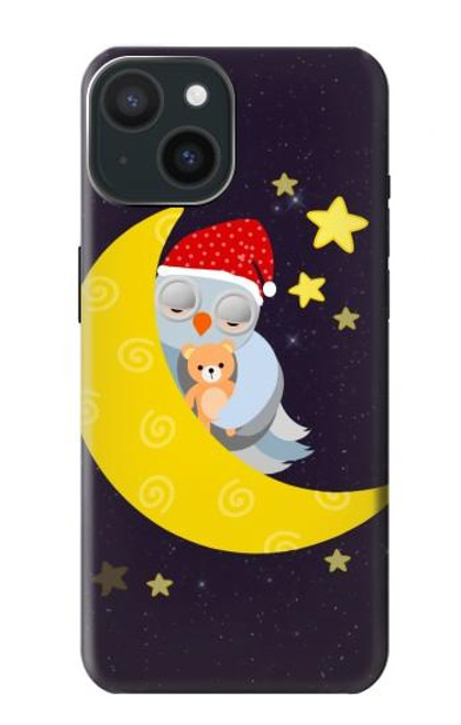 W2849 Cute Sleepy Owl Moon Night Hard Case and Leather Flip Case For iPhone 15