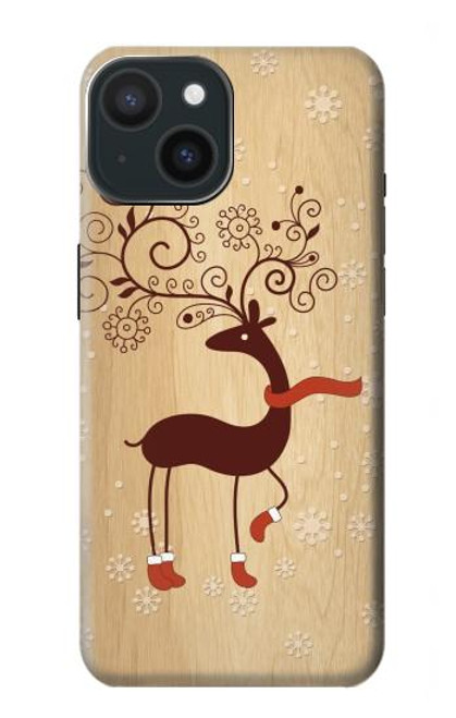 W3081 Wooden Raindeer Graphic Printed Hard Case and Leather Flip Case For iPhone 15