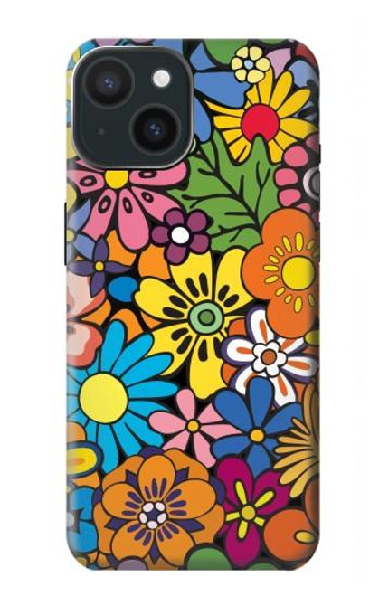 W3281 Colorful Hippie Flowers Pattern Hard Case and Leather Flip Case For iPhone 15