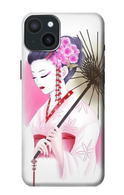 W2579 Japanese Traditional Geisha Kimono Hard Case and Leather Flip Case For iPhone 15 Plus