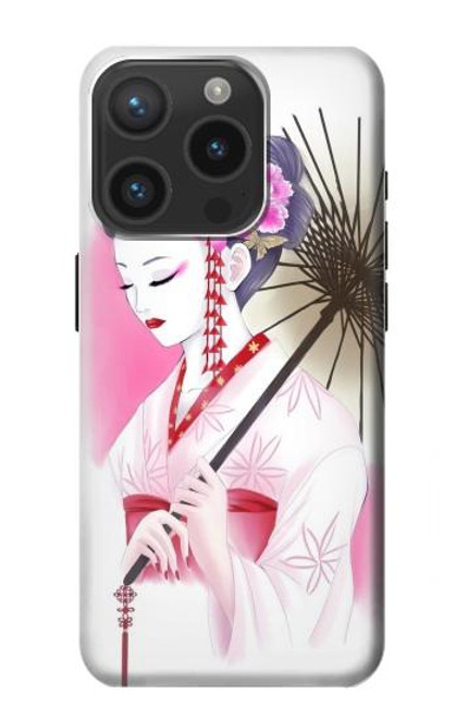 W2579 Japanese Traditional Geisha Kimono Hard Case and Leather Flip Case For iPhone 15 Pro