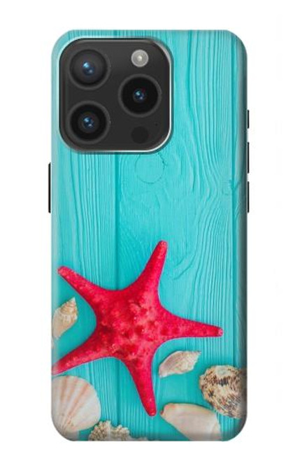 W3428 Aqua Wood Starfish Shell Hard Case and Leather Flip Case For iPhone 15 Pro