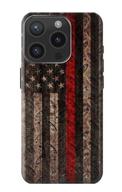 W3804 Fire Fighter Metal Red Line Flag Graphic Hard Case and Leather Flip Case For iPhone 15 Pro