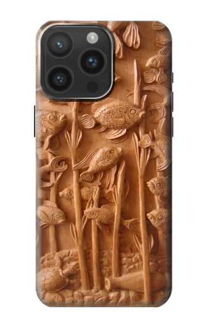 W1307 Fish Wood Carving Graphic Printed Hard Case and Leather Flip Case For iPhone 15 Pro Max