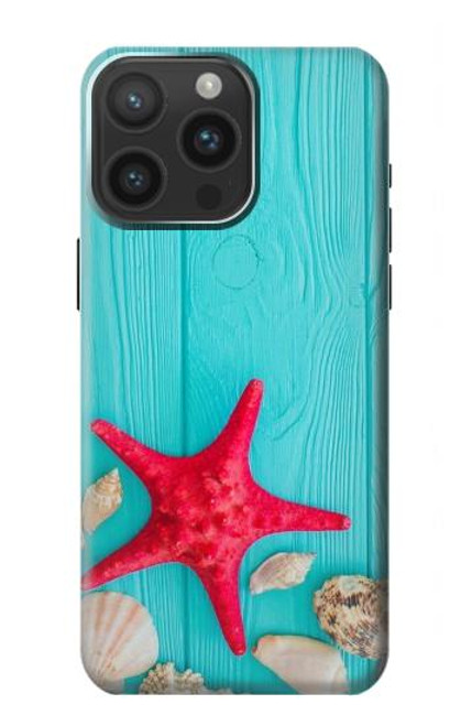 W3428 Aqua Wood Starfish Shell Hard Case and Leather Flip Case For iPhone 15 Pro Max