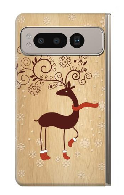 W3081 Wooden Raindeer Graphic Printed Hard Case and Leather Flip Case For Google Pixel Fold